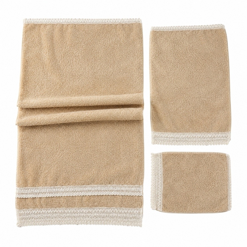 Premier Collection 3pc Towel Set Tan Cotton Crochet Lace Trim Made in Turkey